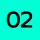 Black number 02 on a bright turquoise background.