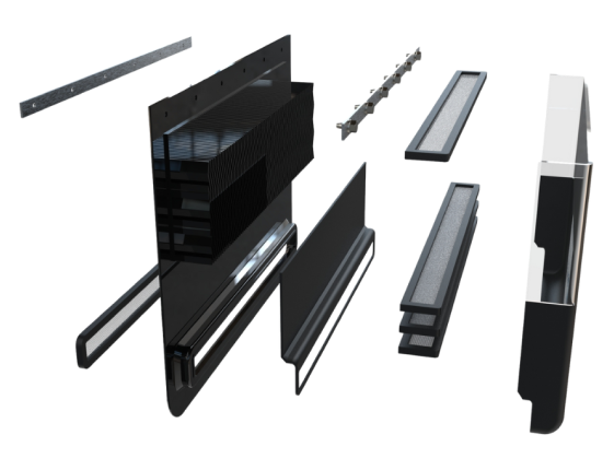 3D exploded view of a black and gray rectangular electronic device with layered internal components.