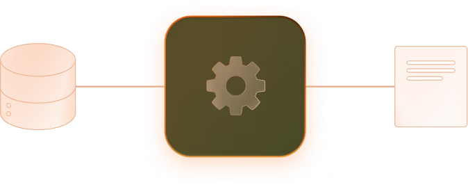 Illustration of a central brown square with a gear icon connected by lines to two smaller peach squares representing a process or workflow.