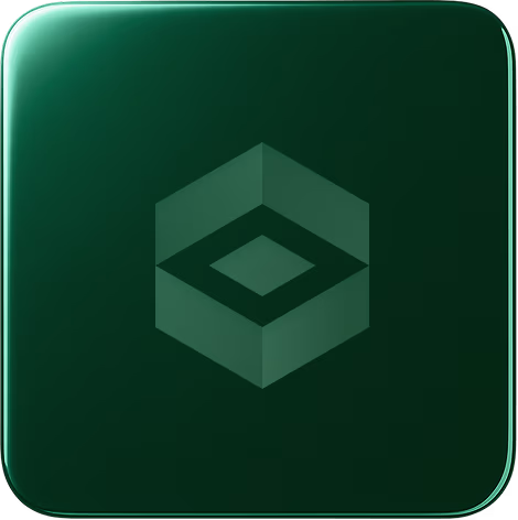 Dark green square icon with a geometric diamond-shaped logo in the center.