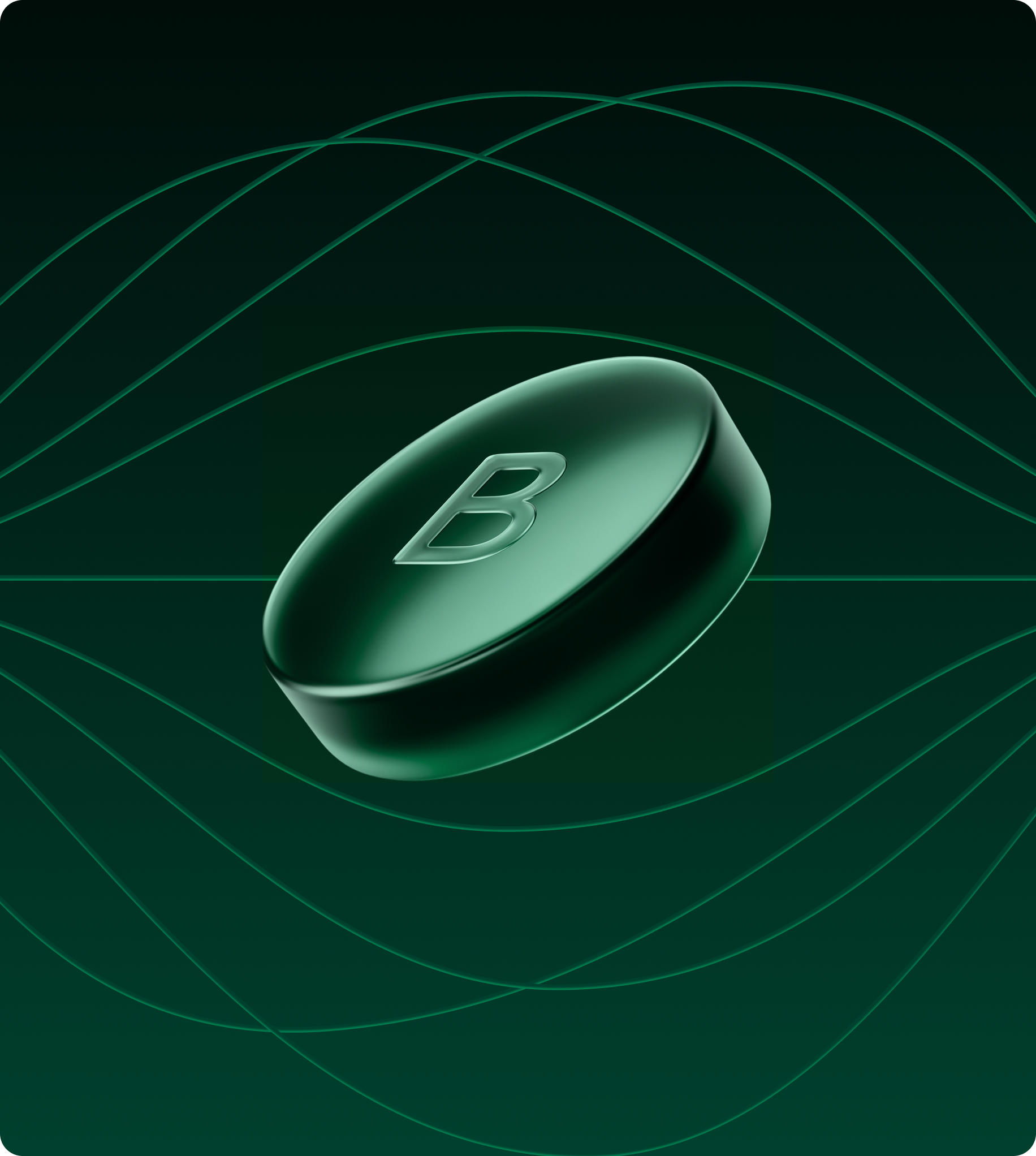 Glossy dark green circular button with the letter B embossed on it, set against a dark background with flowing green wave lines.