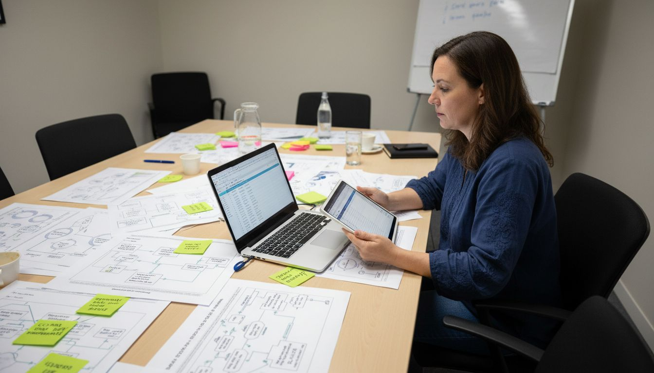 Manager organizing ad campaign structure at table