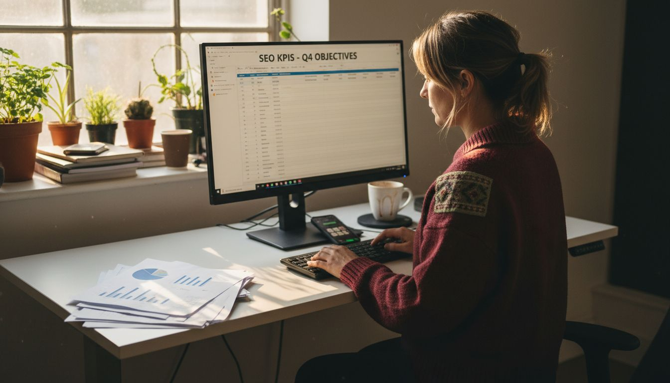 Marketer sets SEO goals at standing desk