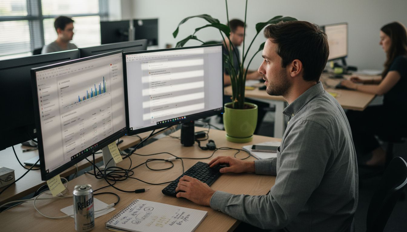 Marketing analyst at desk reviewing ad platforms