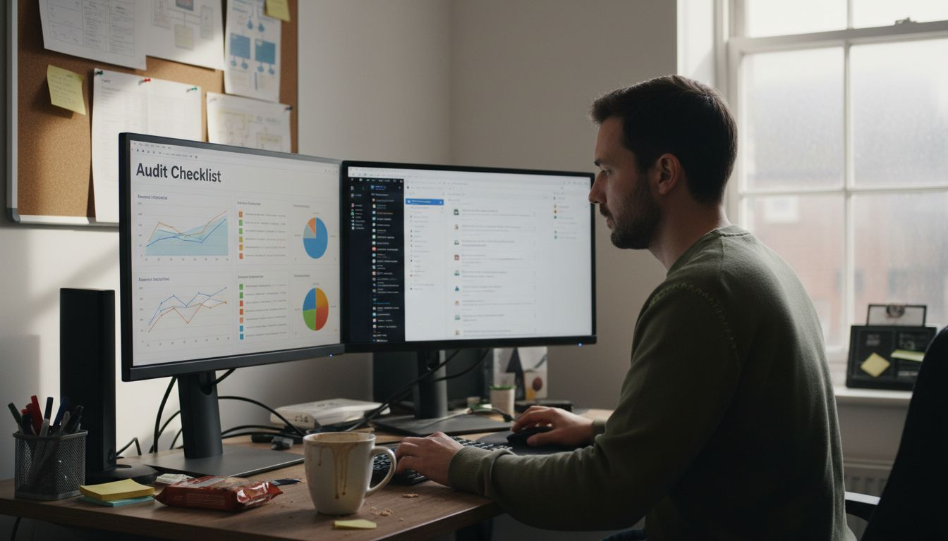 Analyst checks marketing audit dashboard screens