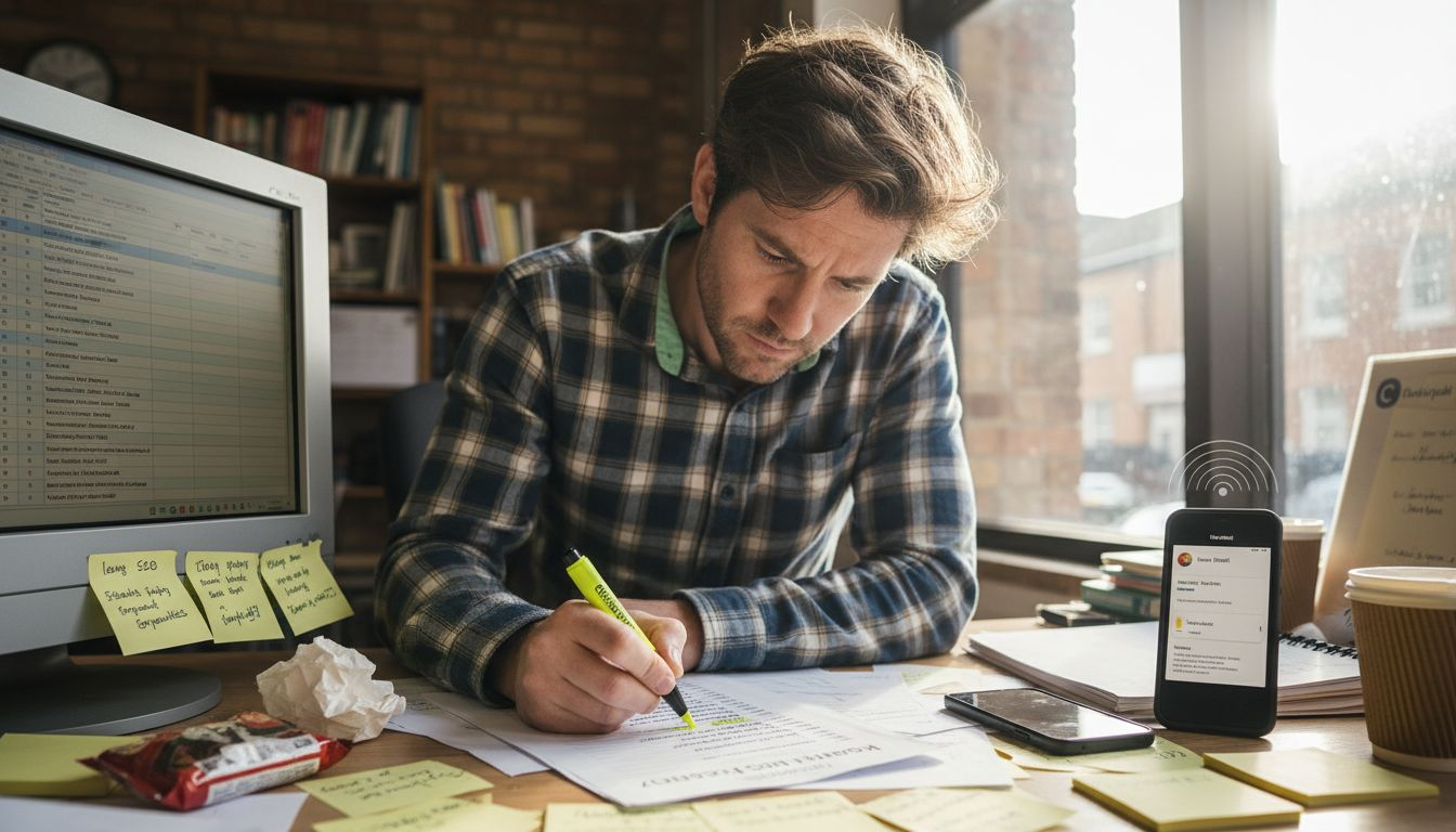 Marketer highlighting long-tail keywords at messy desk