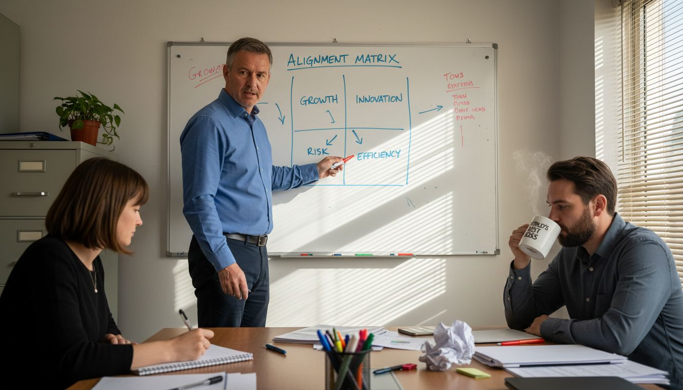 Marketing team discussing strategy at whiteboard