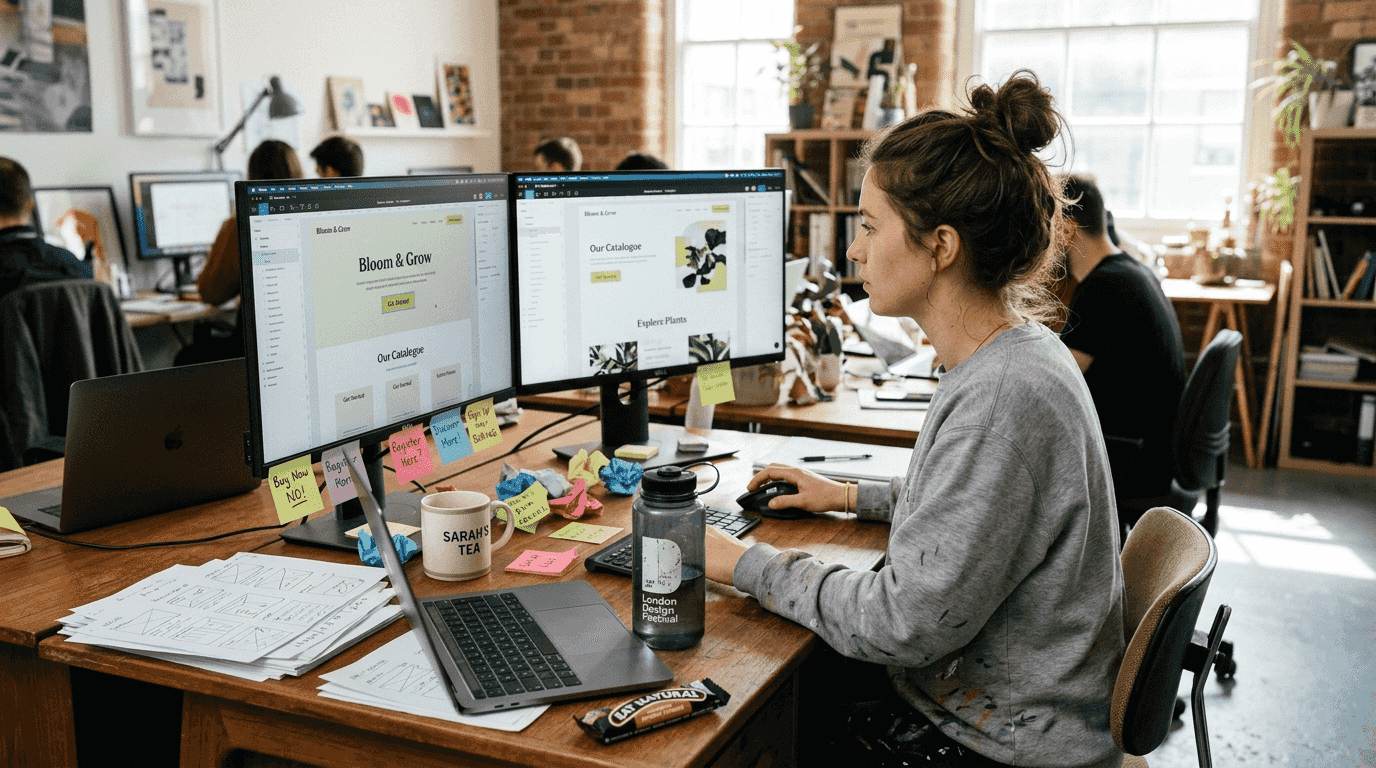 Web designer refining landing page design layout