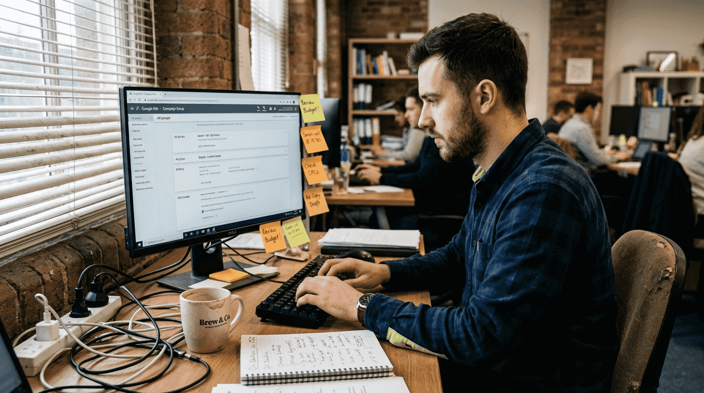 Person configuring campaign setup on office desk