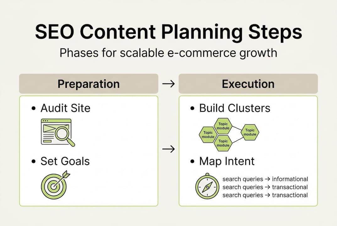 Infographic showing scalable e-commerce SEO planning steps