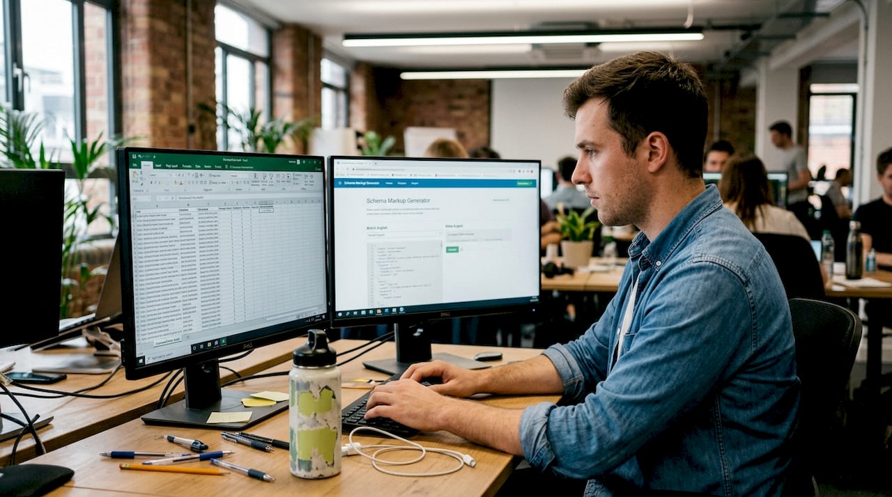 SEO analyst reviews structured data at desk