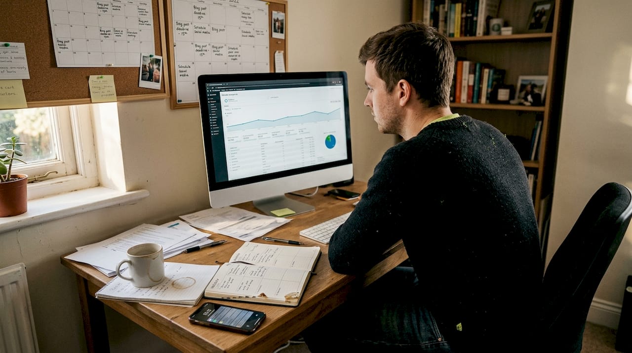 Blogger tracking content marketing results at desk