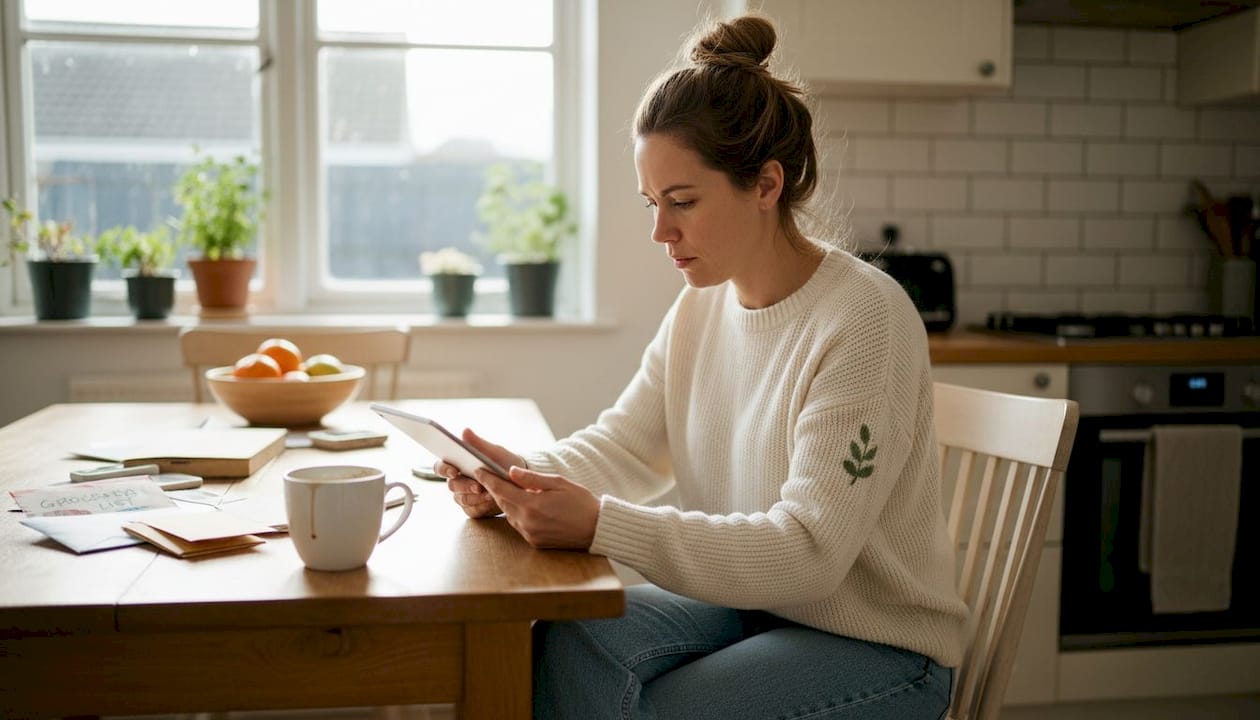 Small business owner reviews ads on tablet