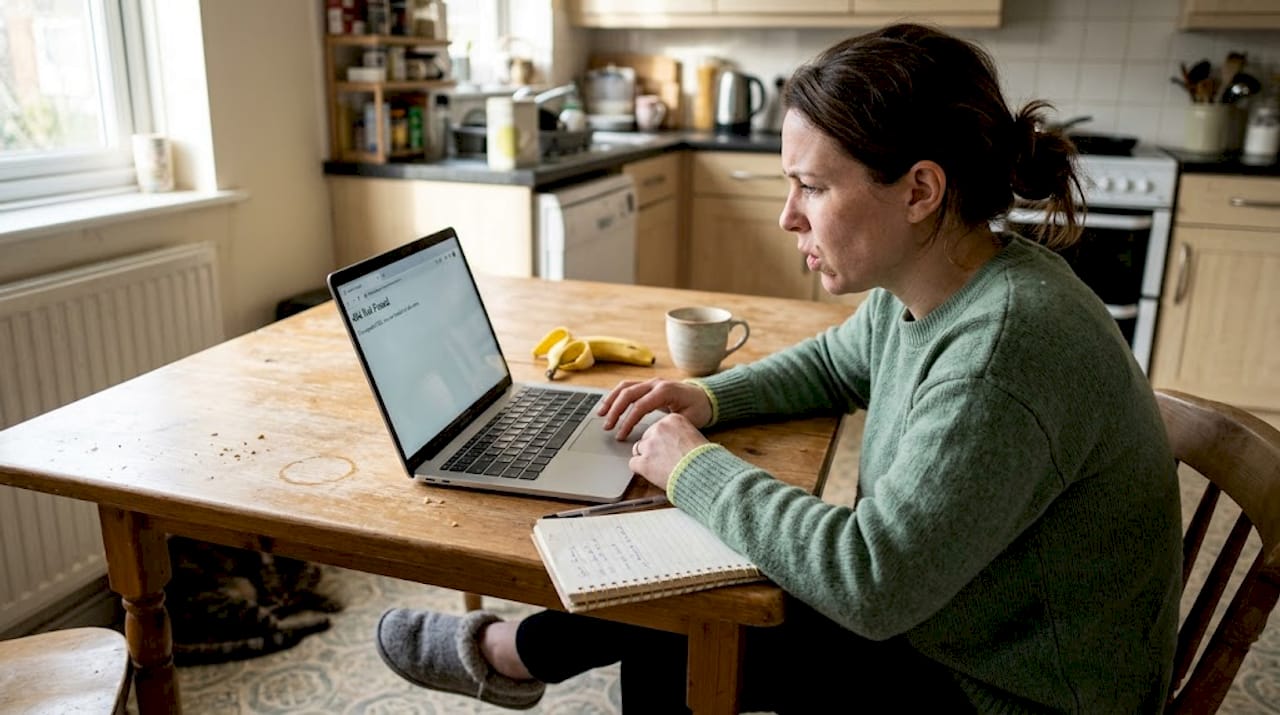 User sees 404 error on laptop at kitchen table