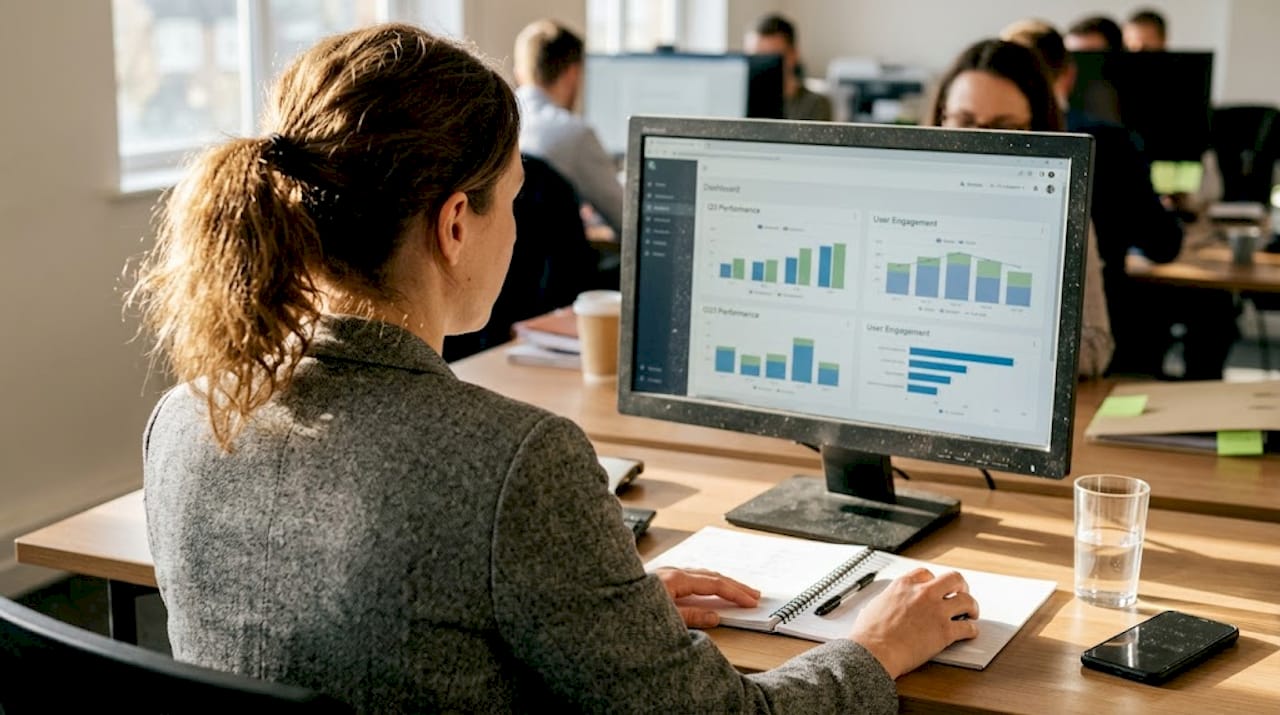 Manager studying marketing analytics at office desk