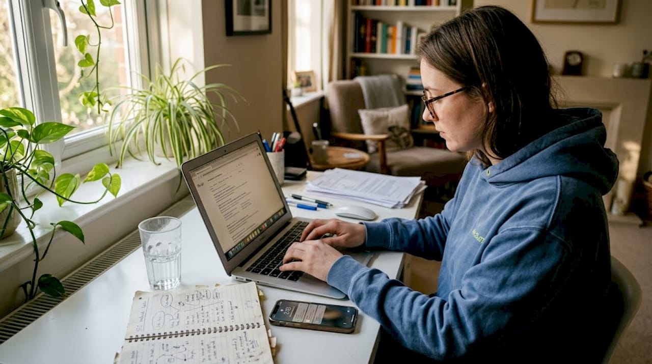 Marketing manager researching SEO keywords at desk