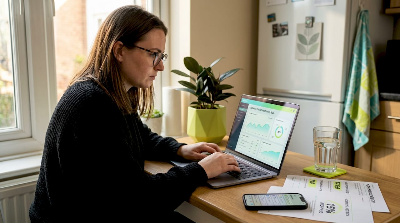 Marketer checks campaign dashboard at kitchen table