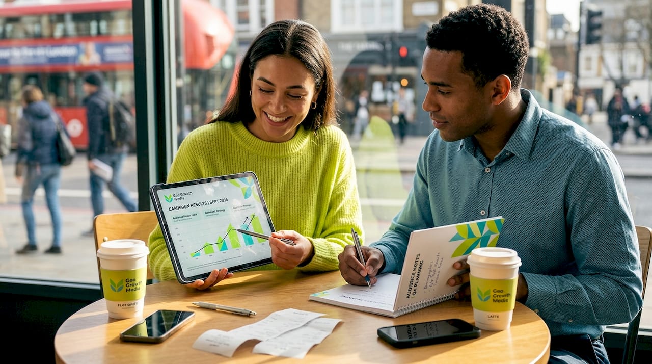 Business owners reviewing ad campaign data together