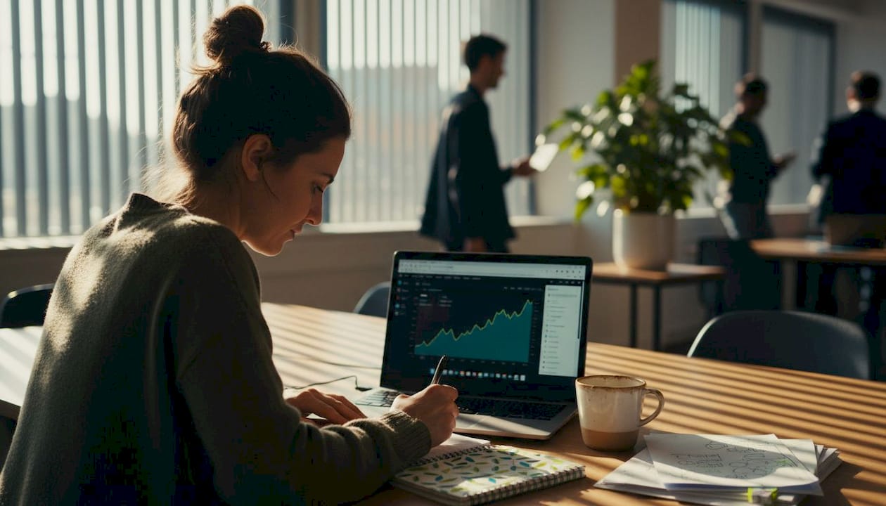 Marketing analyst reviewing analytics and notes