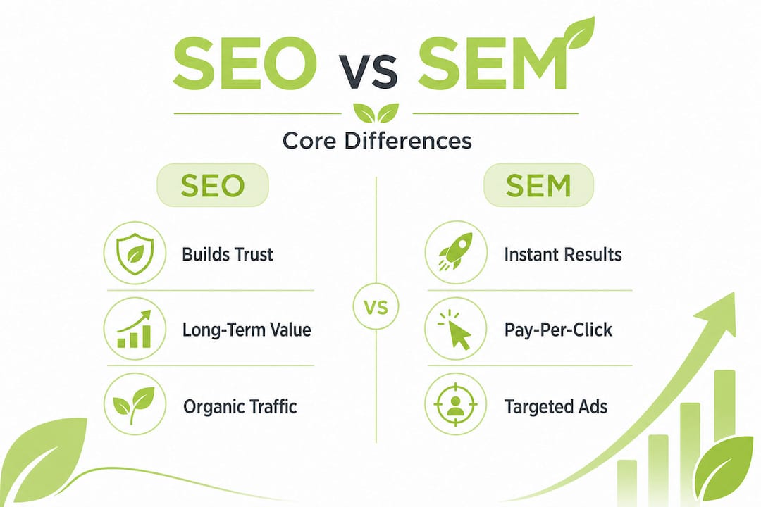 Infographic comparing SEO and SEM side by side