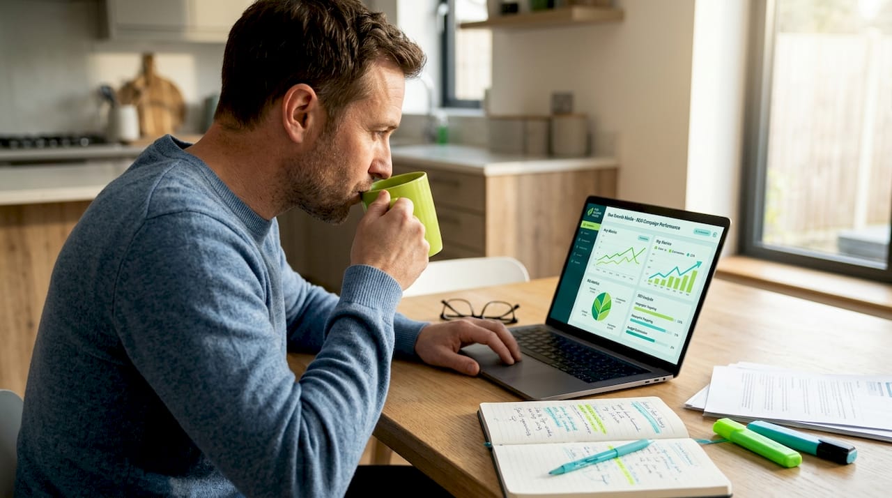 Man reviewing SEM campaign results at desk