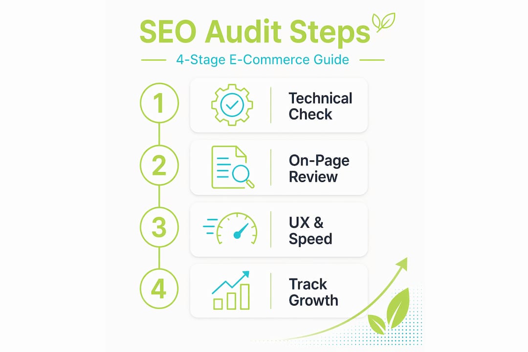 Infographic showing four stages in an e-commerce SEO audit
