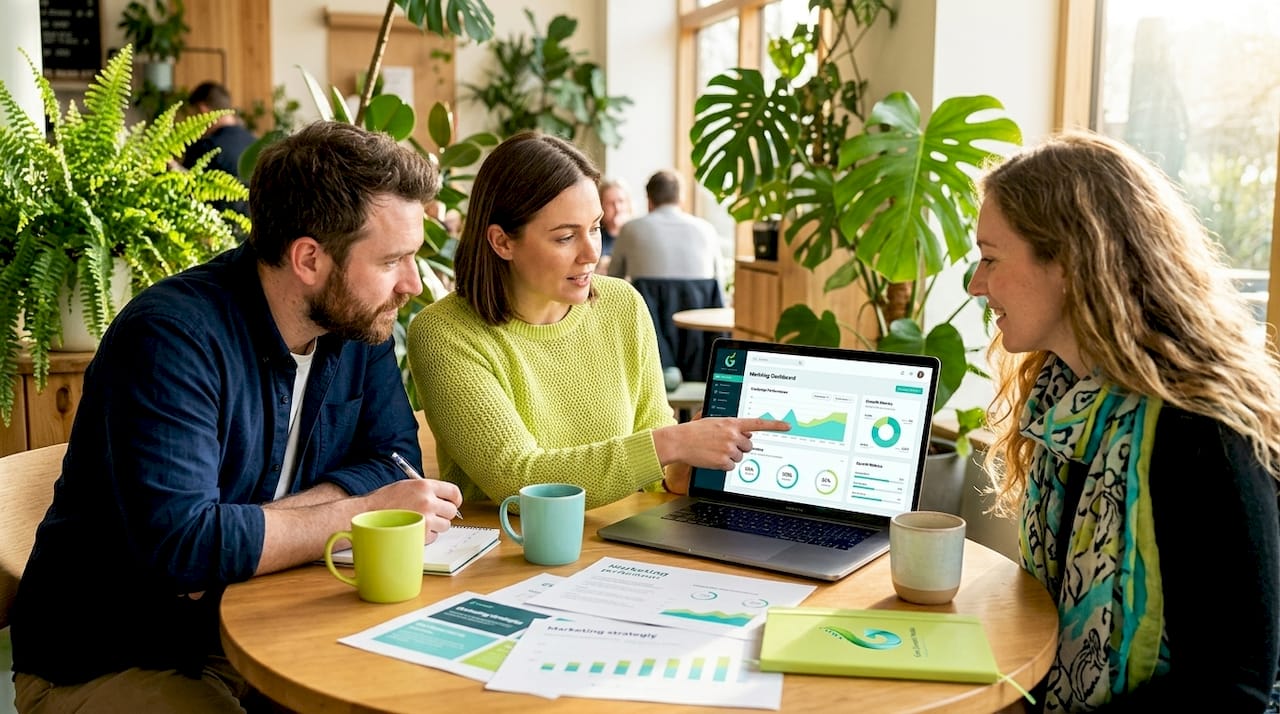 Small business team reviewing digital marketing dashboard