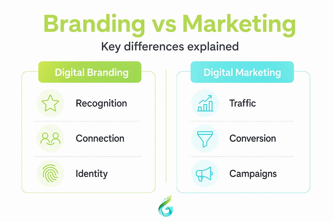 Infographic comparing branding and marketing core differences
