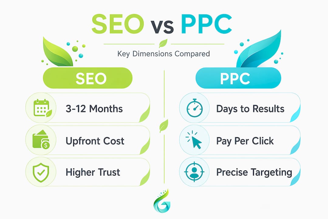 Infographic comparing SEO and PPC dimensions
