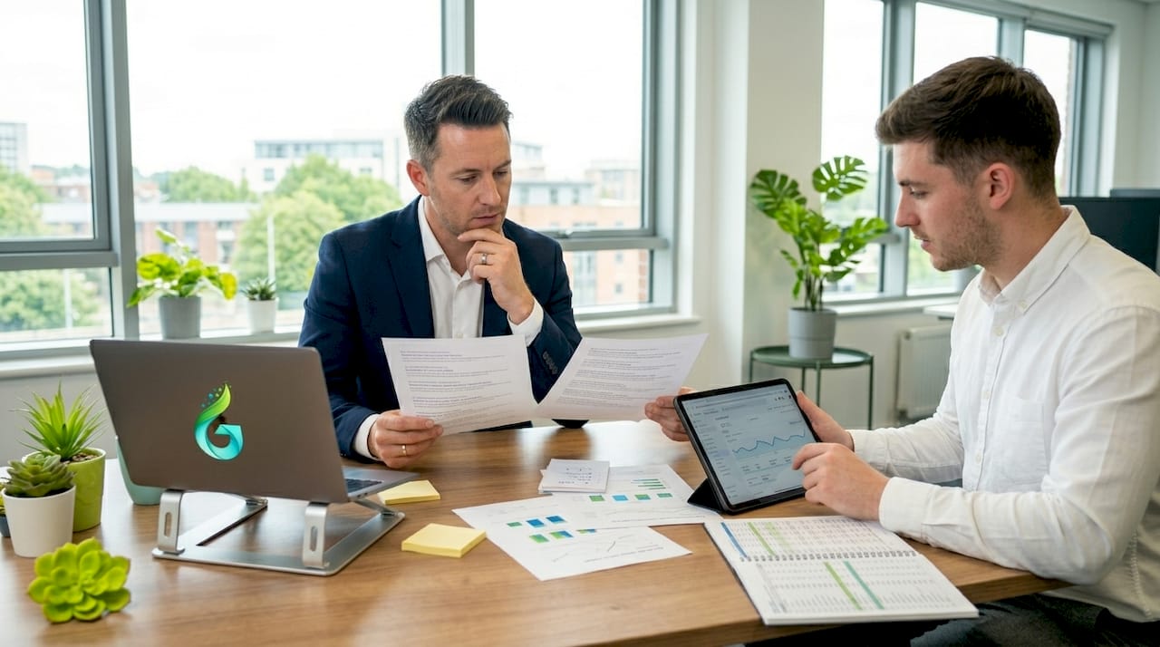Business owner compares SEO and PPC data at meeting