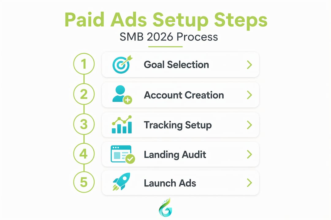 Infographic showing paid ads setup steps for SMBs