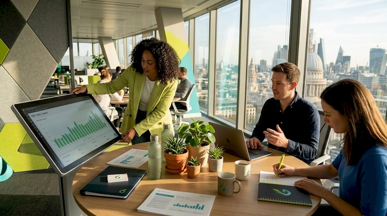 SEO team discussing strategy at office table