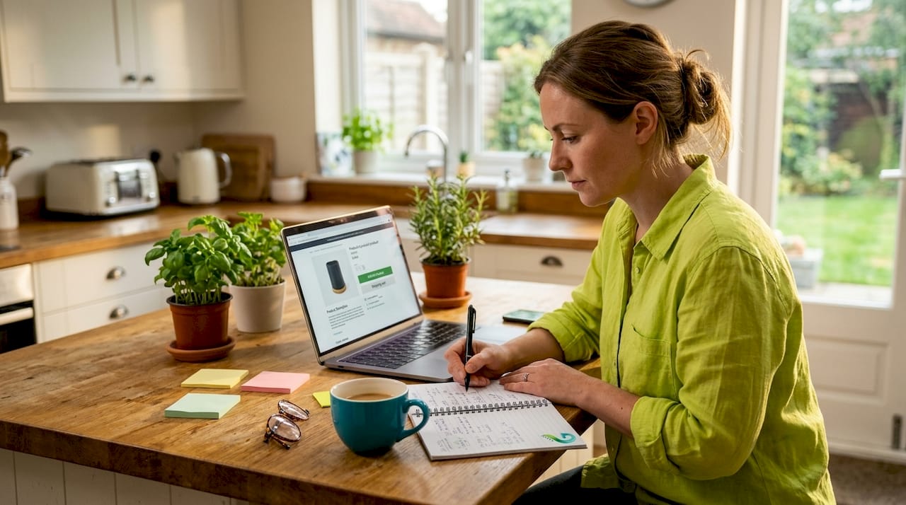 Woman updates ecommerce product page at kitchen table