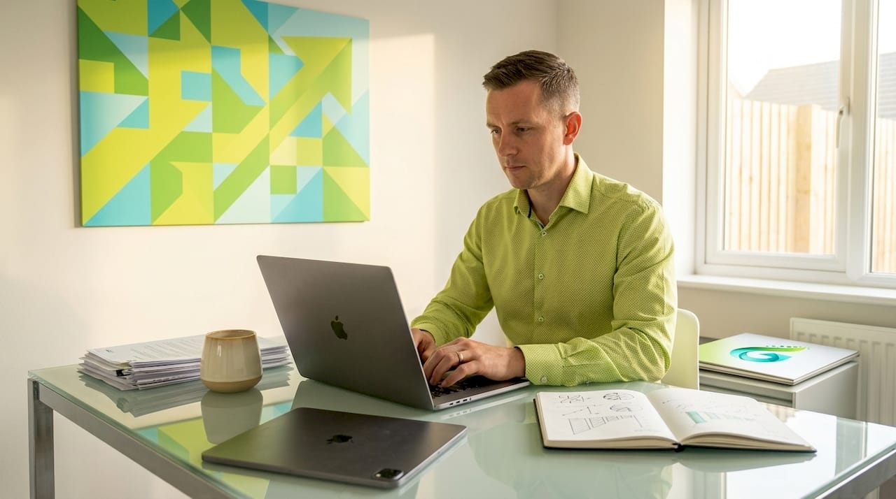 Startup founder working on SEO strategy at desk