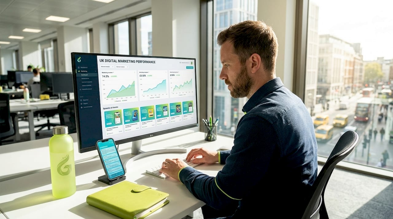 Marketer working on dynamic ads in office