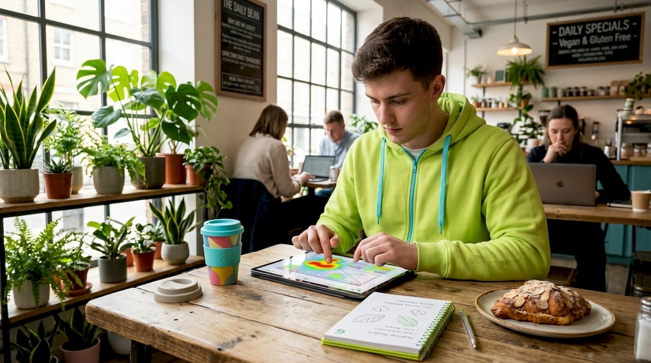 UX designer analyzing website heatmap in workspace