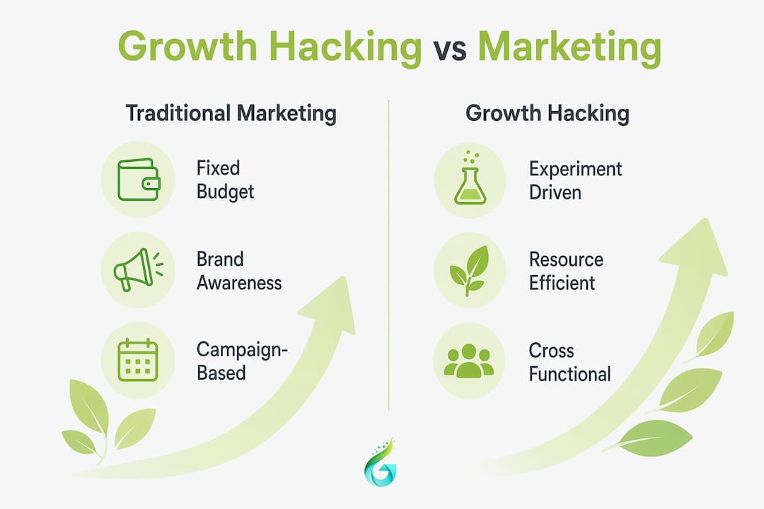 Infographic comparing growth hacking and traditional marketing