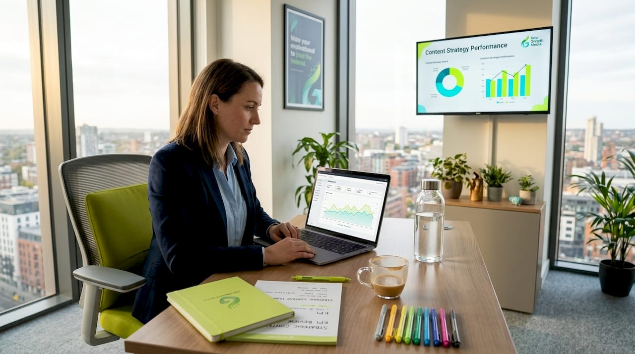 Marketing manager reviewing content ROI data