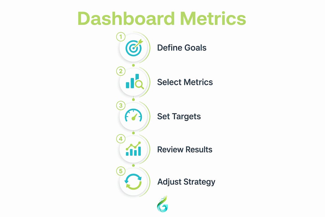 Infographic showing key steps for marketing dashboard metrics