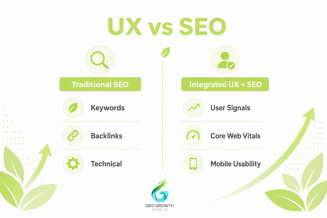 Infographic comparing traditional SEO and integrated UX SEO