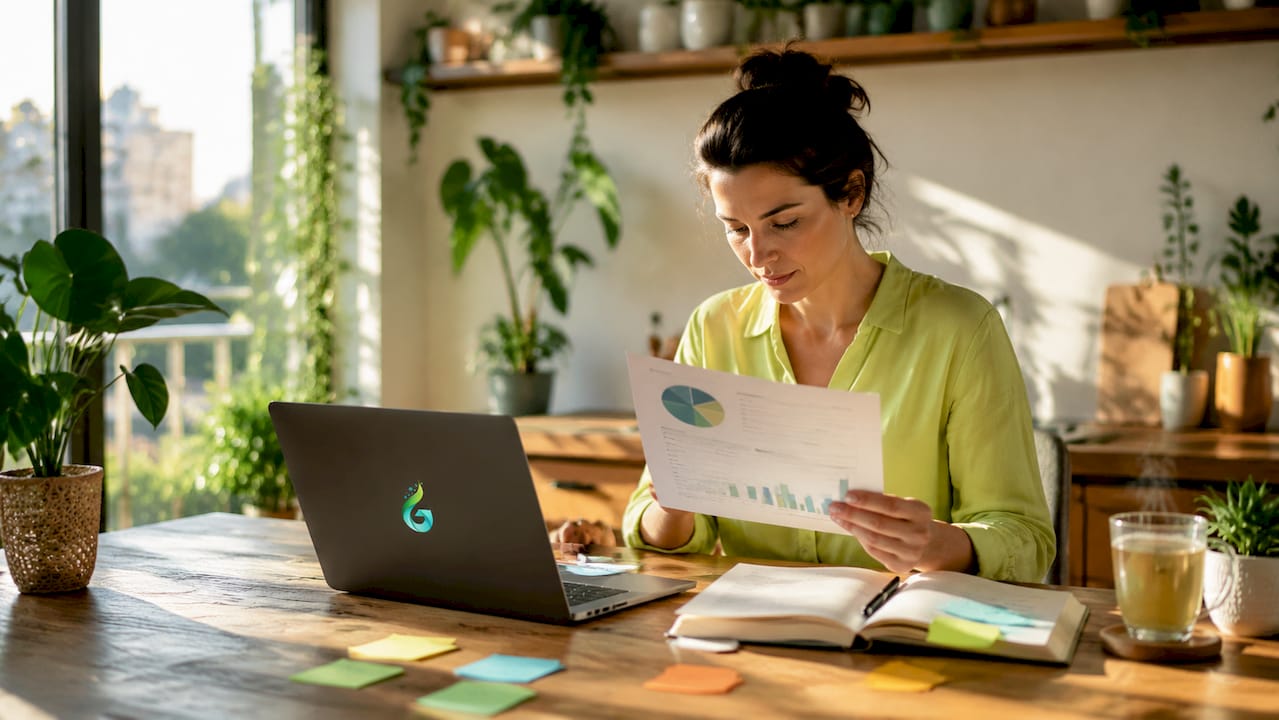 Marketing analyst reviewing reports at desk