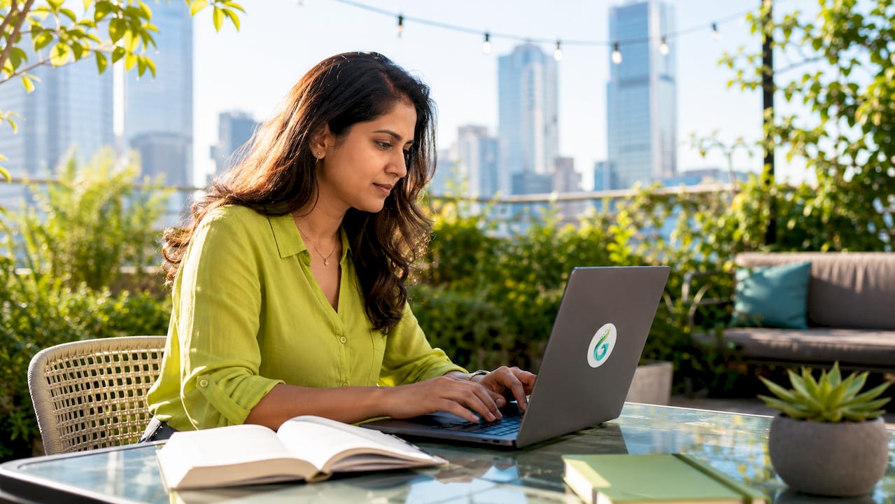 Woman working on AI-driven ABM campaign in office