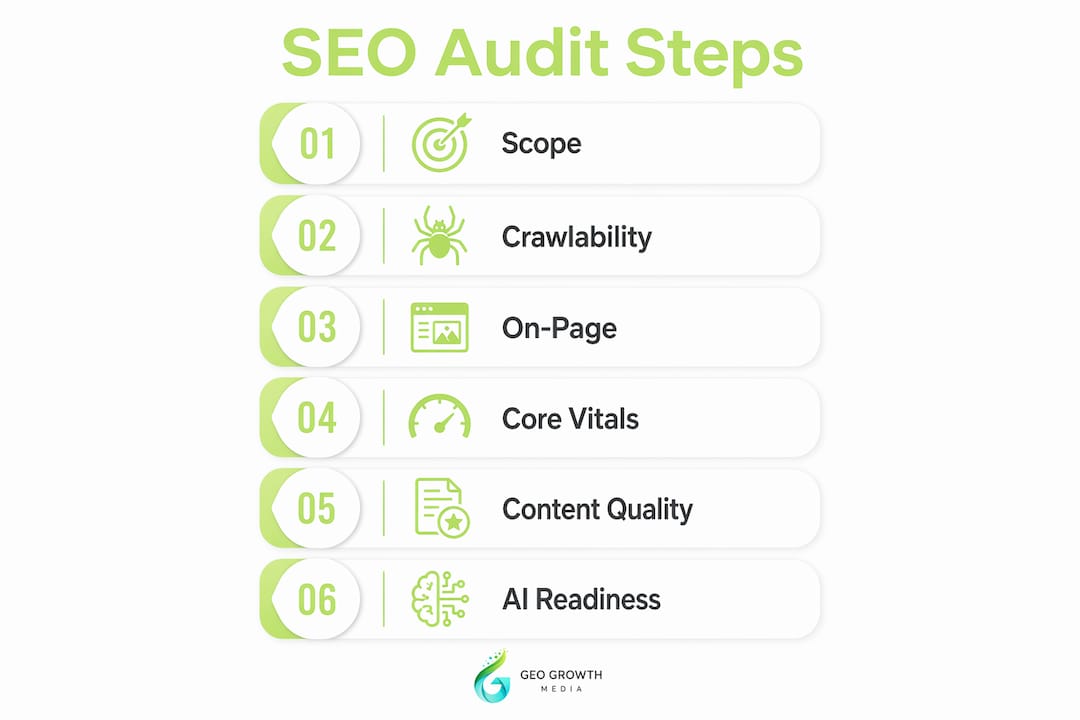 Infographic showing SEO audit step-by-step workflow
