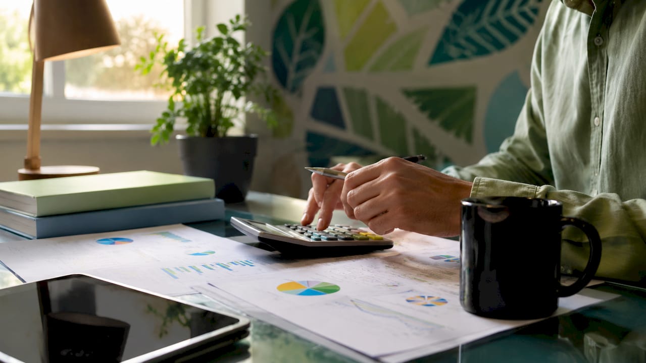 Hands adjusting calculator on desk with marketing data