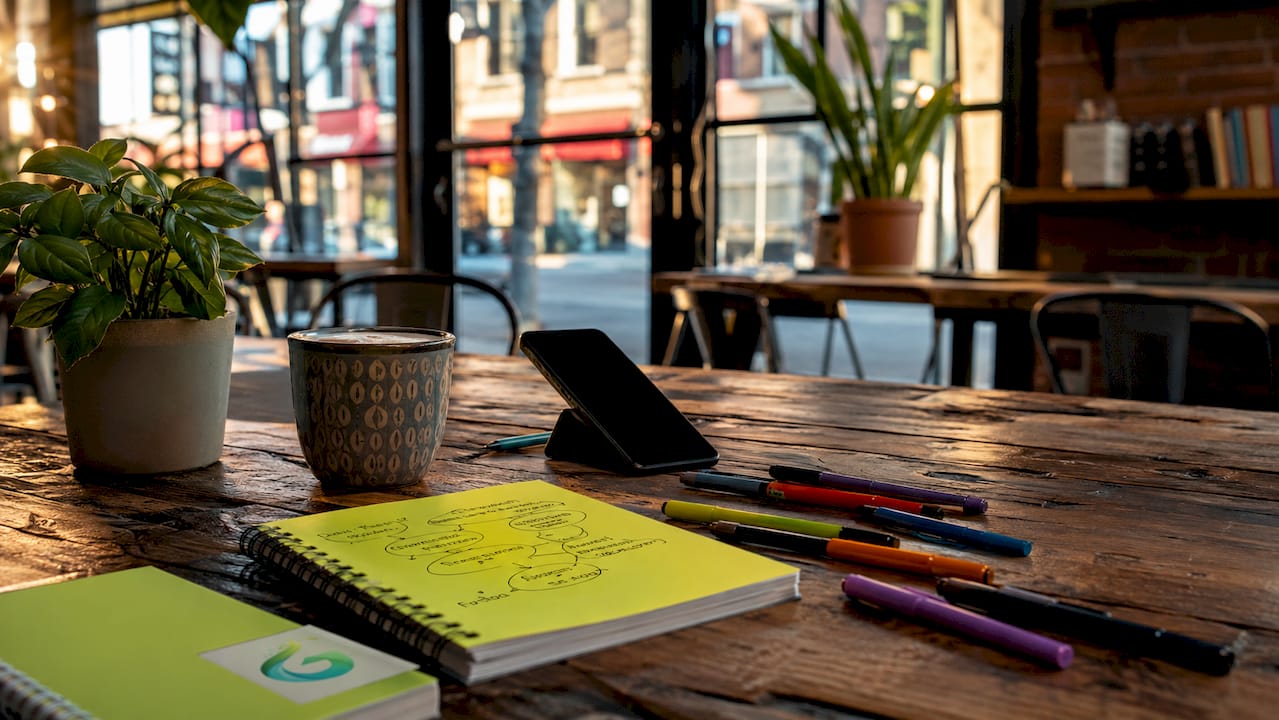 Workspace with social media ad mockups and computer