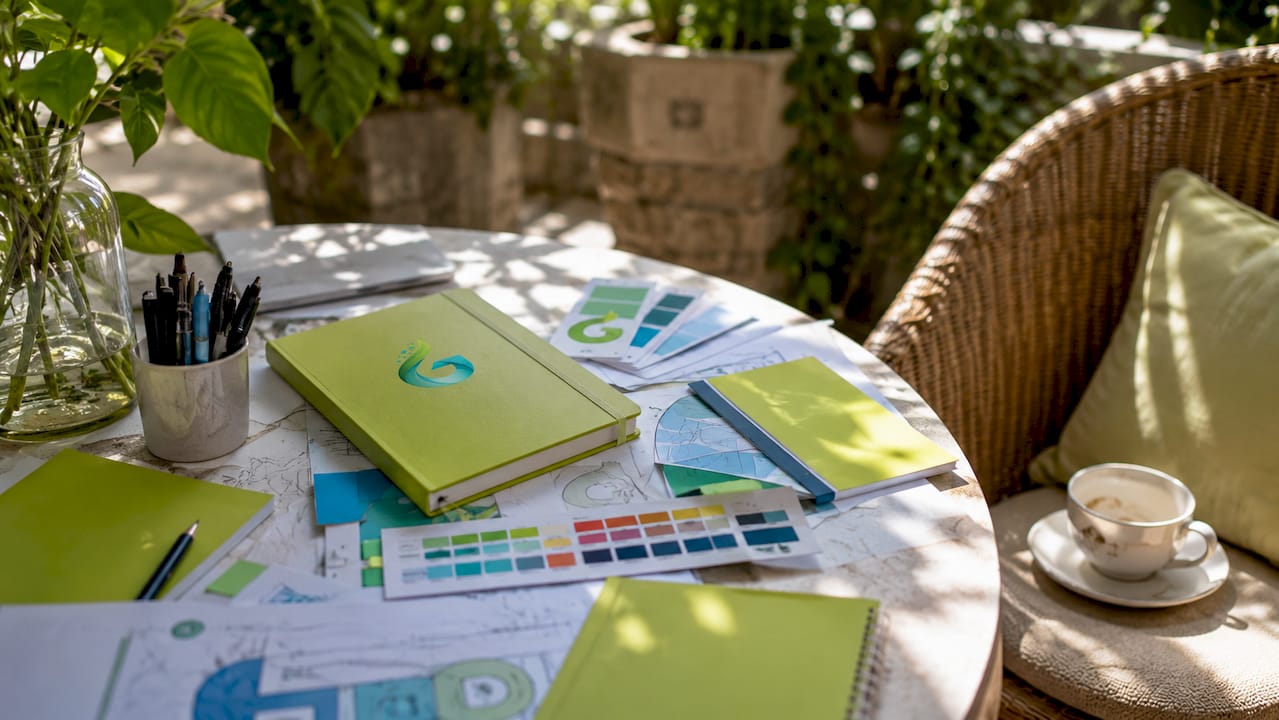 Marketing agency workspace with tools and materials