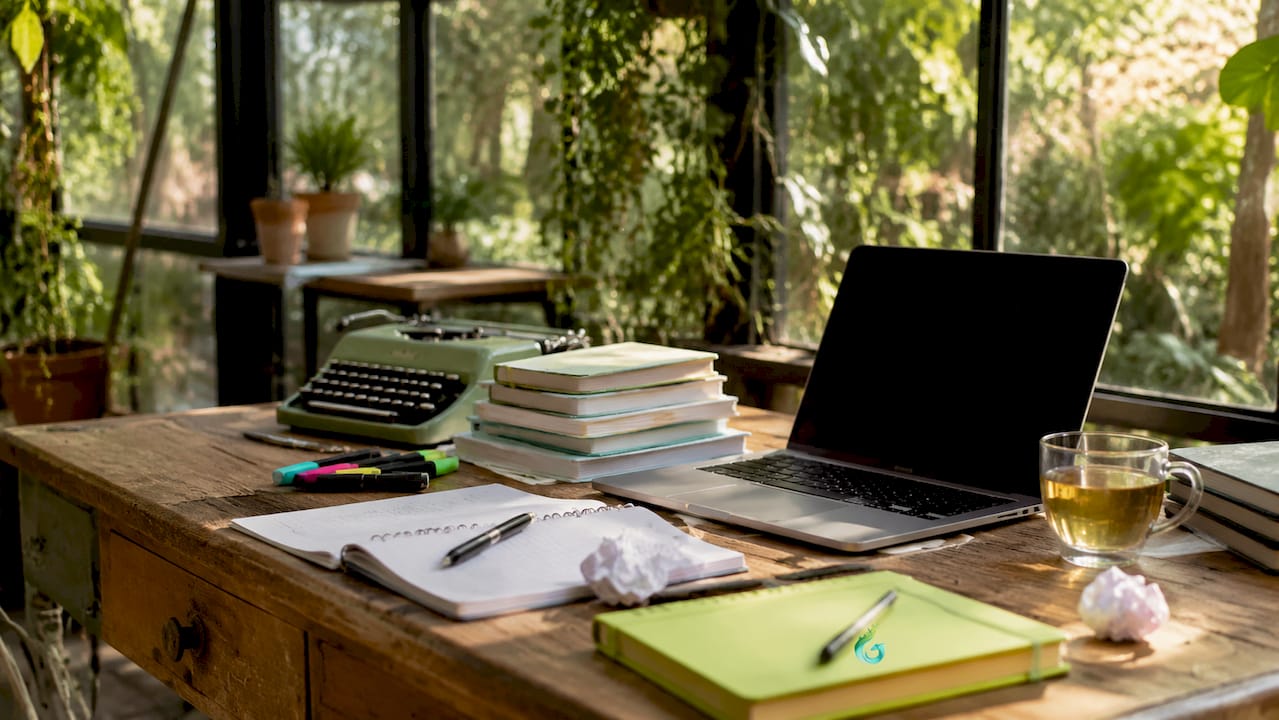 Copywriter's desk with notes and microphone