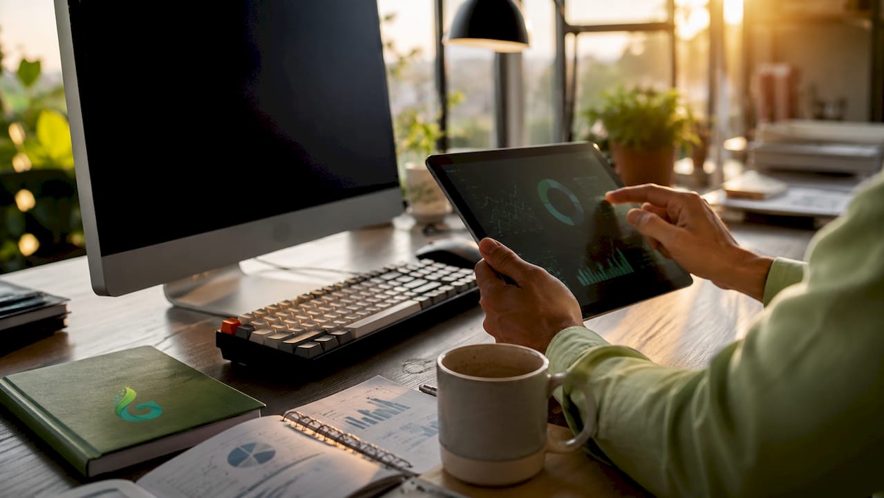 Hands interacting with digital marketing data dashboard tablet