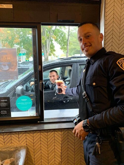 police officer in the drive through window