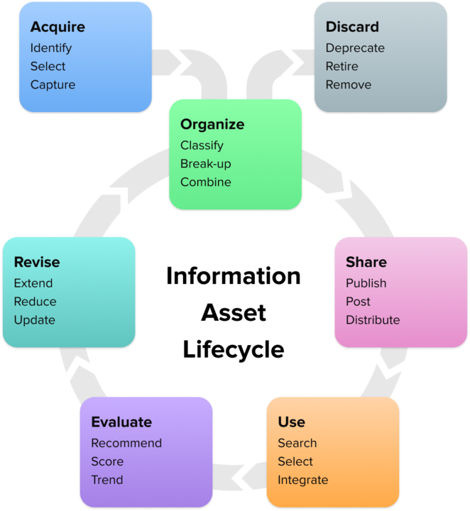 Circular lifecycle diagram showing flow from knowledge acquisition through information conversion, organization, sharing, delivery, use, and back to knowledge evaluation